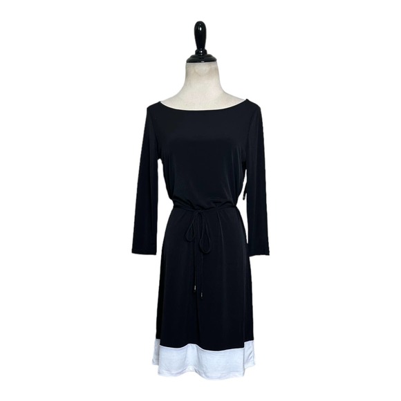 Tahari black with white trim 3/4 sleeves belted mini dress size XS - Picture 1 of 13